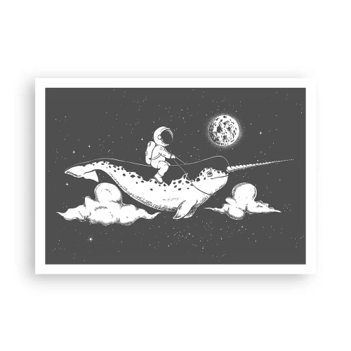 Poster - Un astronauta sul dorso di un narvalo che fluttua in una scena spaziale. - 100x70cm - Il cavaliere dello spazio - Decorazione murale moderna per soggiorno e camera da letto ARTTOR