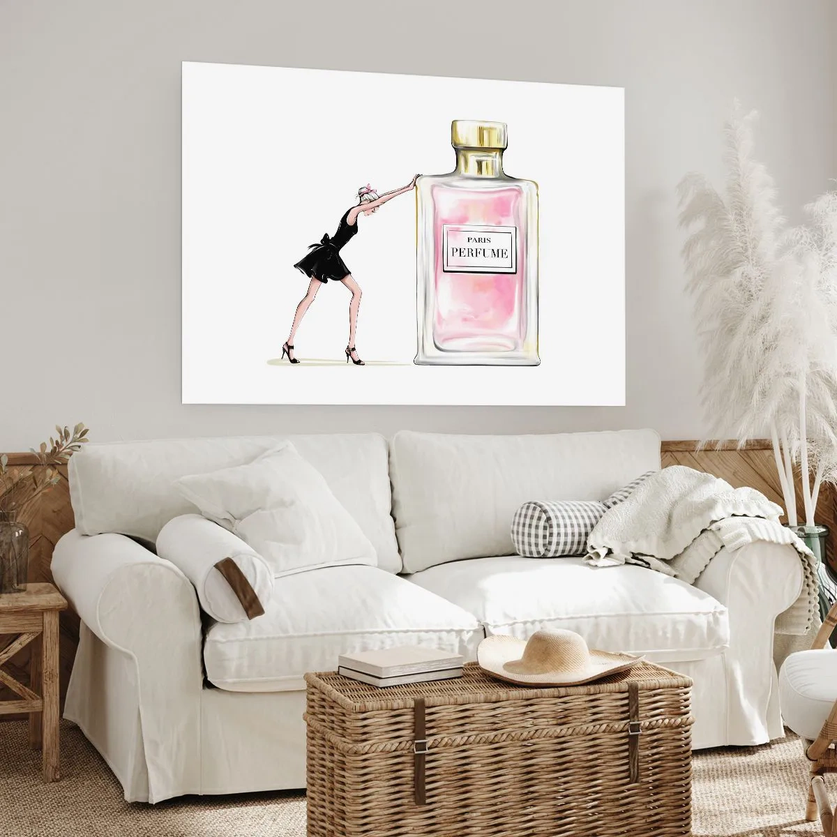 Poster - Una donna in abito nero accanto a una bottiglia di profumo - 100x70cm - L'essenza della femminilità - Decorazione murale moderna per soggiorno e camera da letto ARTTOR