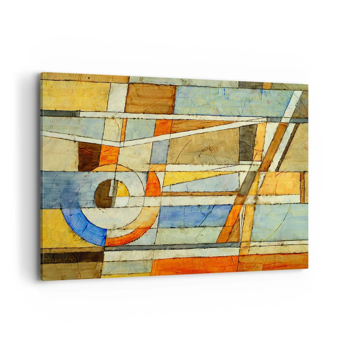 Quadro su tela - Stampe su Tela - Astrazione geometrica nei toni del beige, blu e arancione - 120x80cm - Cubismo in cantiere - Decorazione murale moderna per soggiorno e camera da letto ARTTOR