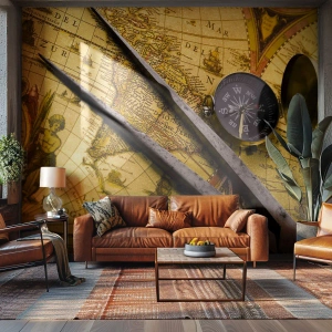 Fotomurali Premium Sand - Antica mappa del mondo con bussola e bussola su sfondo dorato - 100x70cm - Dove sono questi tesori? - Decorazione murale moderna per soggiorno e camera da letto ARTTOR