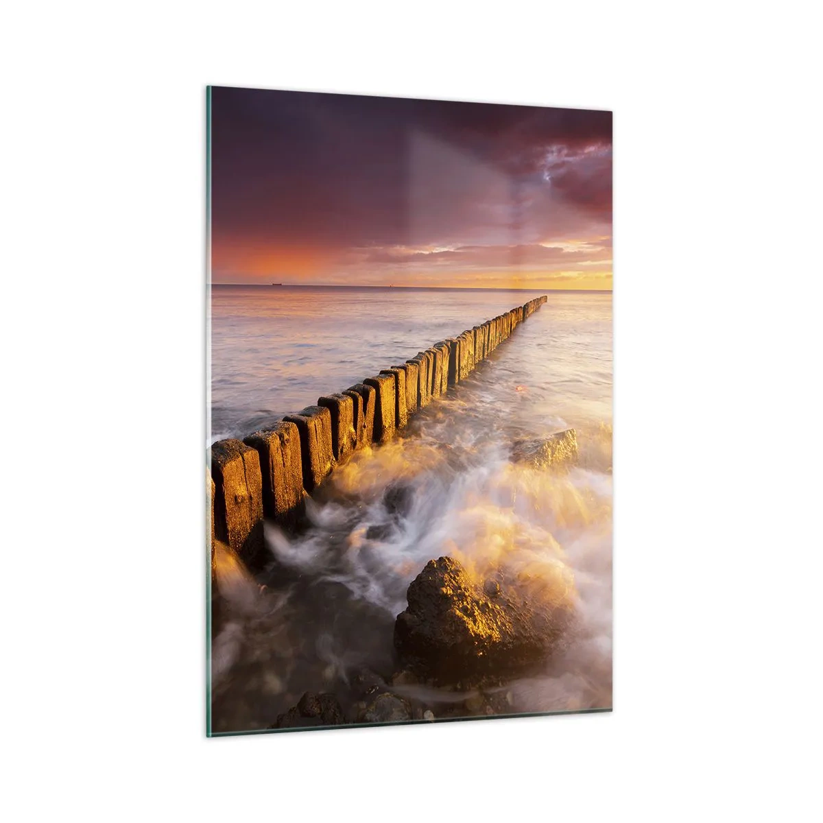 Quadro su vetro - Tramonto sul mare con frangiflutti in legno - 50x70cm - La mitezza delle onde - Decorazione murale moderna per soggiorno e camera da letto ARTTOR
