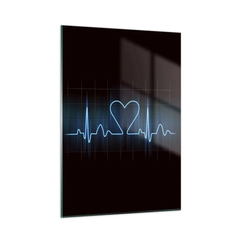 Quadro su vetro - Linea di vita con un cuore su uno sfondo scuro in luce blu - 50x70cm - Al ritmo del cuore - Decorazione murale moderna per soggiorno e camera da letto ARTTOR