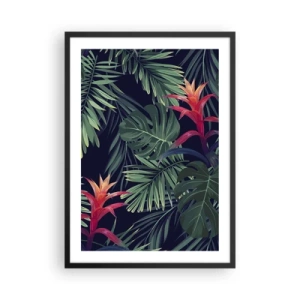 Poster in cornice nera - Foglie e fiori tropicali su sfondo scuro - 50x70cm - Fiammante nel verde - Decorazione murale moderna per soggiorno e camera da letto ARTTOR
