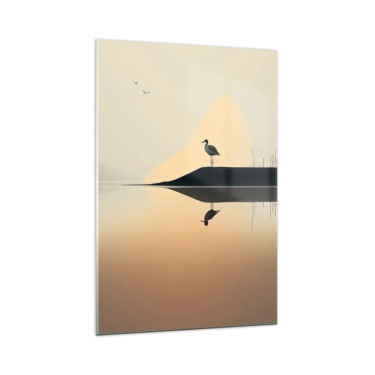 Quadro su vetro - Un uccello su un'isola in un lago calmo con tonalità calde - 70x100cm - Il signore del lago - Decorazione murale moderna per soggiorno e camera da letto ARTTOR
