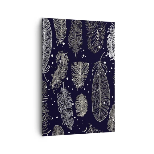Quadro su tela - Stampe su Tela - Delicate piume bianche su sfondo blu navy - 70x100cm - Pizzo piumato - Decorazione murale moderna per soggiorno e camera da letto ARTTOR