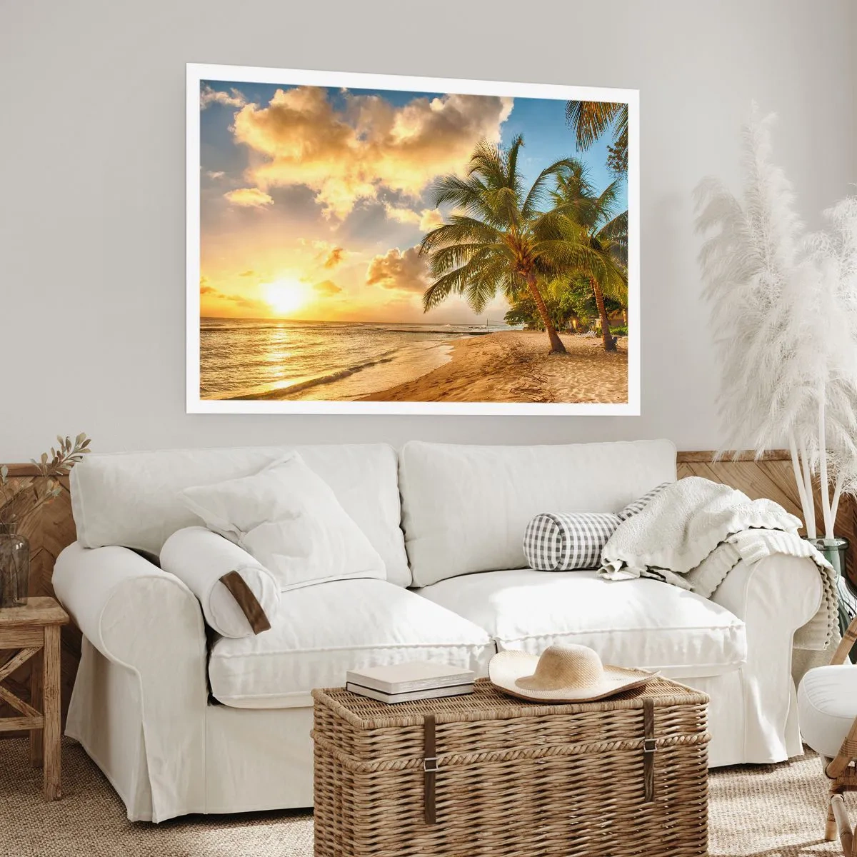Poster - Spiaggia con palme e tramonto sull'oceano - 100x70cm - Estate perpetua, vacanze per sempre - Decorazione murale moderna per soggiorno e camera da letto ARTTOR