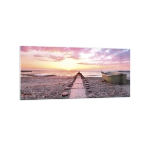 Quadro su vetro - Spiaggia all'alba con barca e molo - 120x50cm - Un momento profondo - Decorazione murale moderna per soggiorno e camera da letto ARTTOR