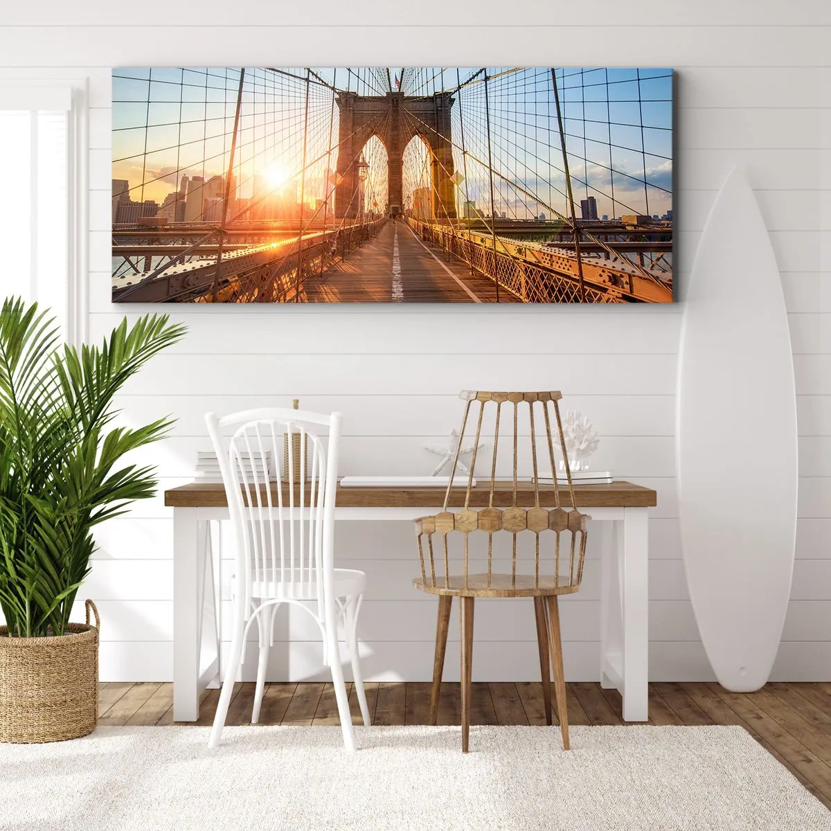 Quadro su tela - Stampe su Tela - Il ponte alla luce del tramonto con vista sulla città - 160x50cm - Sul ponte d'oro - Decorazione murale moderna per soggiorno e camera da letto ARTTOR