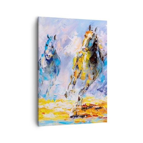 Quadro su tela - Stampe su Tela - Due cavalli in movimento sullo sfondo di un paesaggio astratto - 50x70cm - Al galoppo nella luce - Decorazione murale moderna per soggiorno e camera da letto ARTTOR
