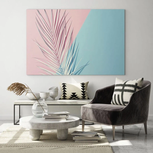 Quadro su vetro - Una foglia di palma su uno sfondo pastello in una composizione geometrica - 70x50cm - Impressione tropicale - Decorazione murale moderna per soggiorno e camera da letto ARTTOR