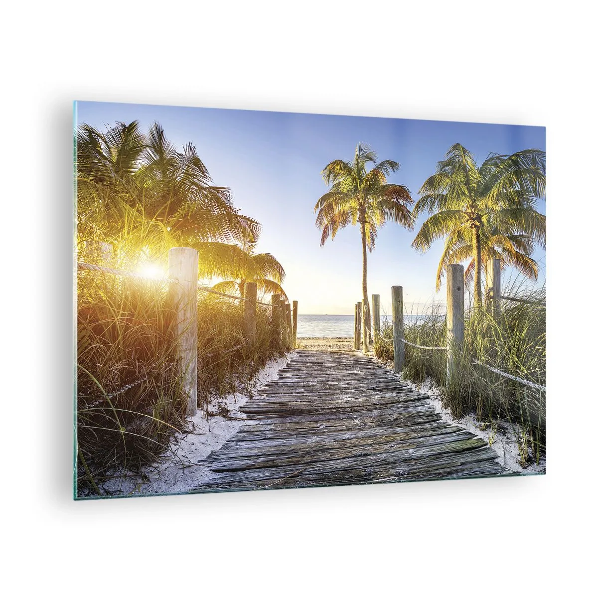 Quadro su vetro - Sentiero in legno sulla spiaggia circondato da palme - 70x50cm - Dritto in paradiso - Decorazione murale moderna per soggiorno e camera da letto ARTTOR