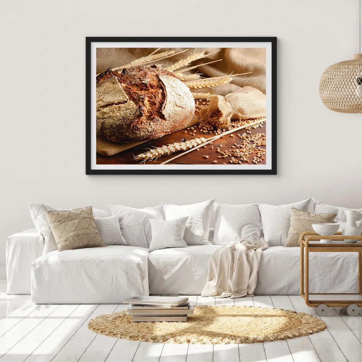 Poster in cornice nera - Pane croccante con cereali e spighe di grano su fondo in legno - 70x50cm - Appetitoso, profumato, croccante - Decorazione murale moderna per soggiorno e camera da letto ARTTOR