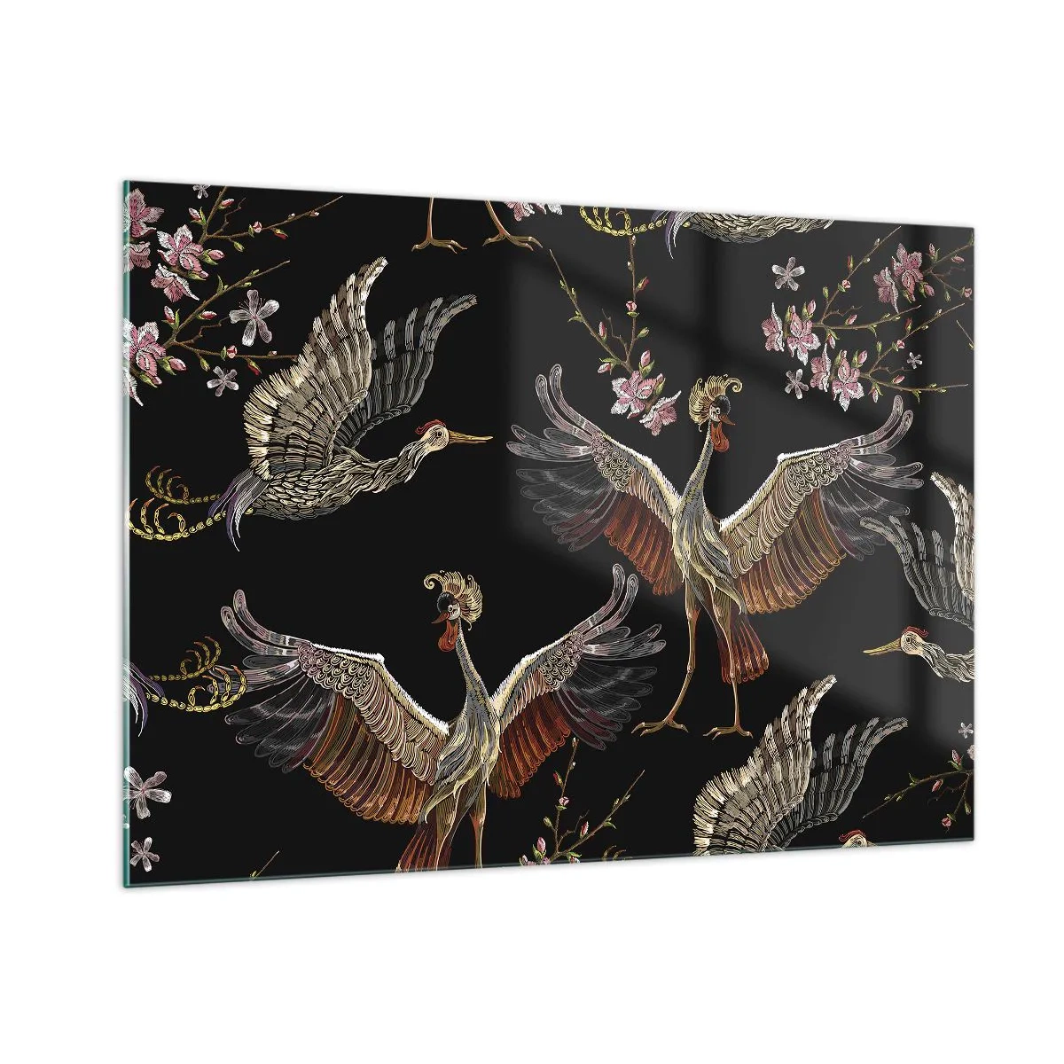 Quadro su vetro - Uccelli in volo con fiori su sfondo nero, stile retrò - 100x70cm - Uccello fantastico - Decorazione murale moderna per soggiorno e camera da letto ARTTOR