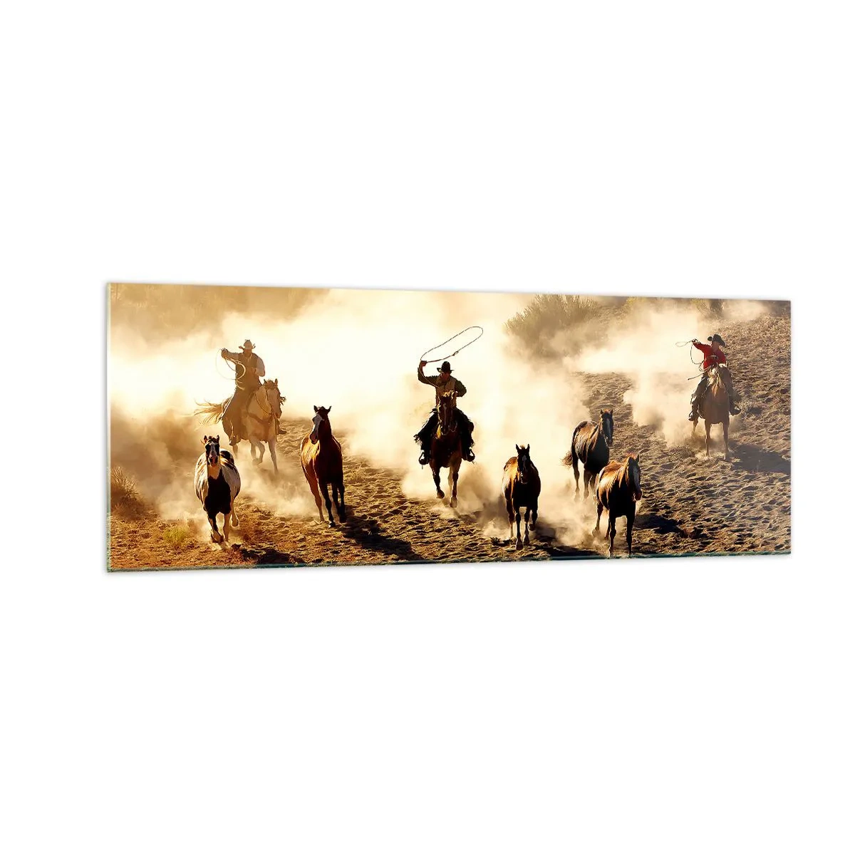 Quadro su vetro - Cowboy a cavallo in azione nel terreno desertico - 140x50cm - Il vero Far West - Decorazione murale moderna per soggiorno e camera da letto ARTTOR