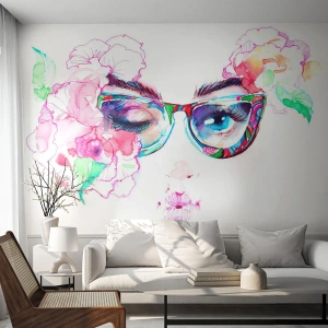 Fotomurali Premium Sand - Ritratto di una donna con gli occhiali circondata da fiori acquerellati - 100x70cm - Promessa allettante - Decorazione murale moderna per soggiorno e camera da letto ARTTOR