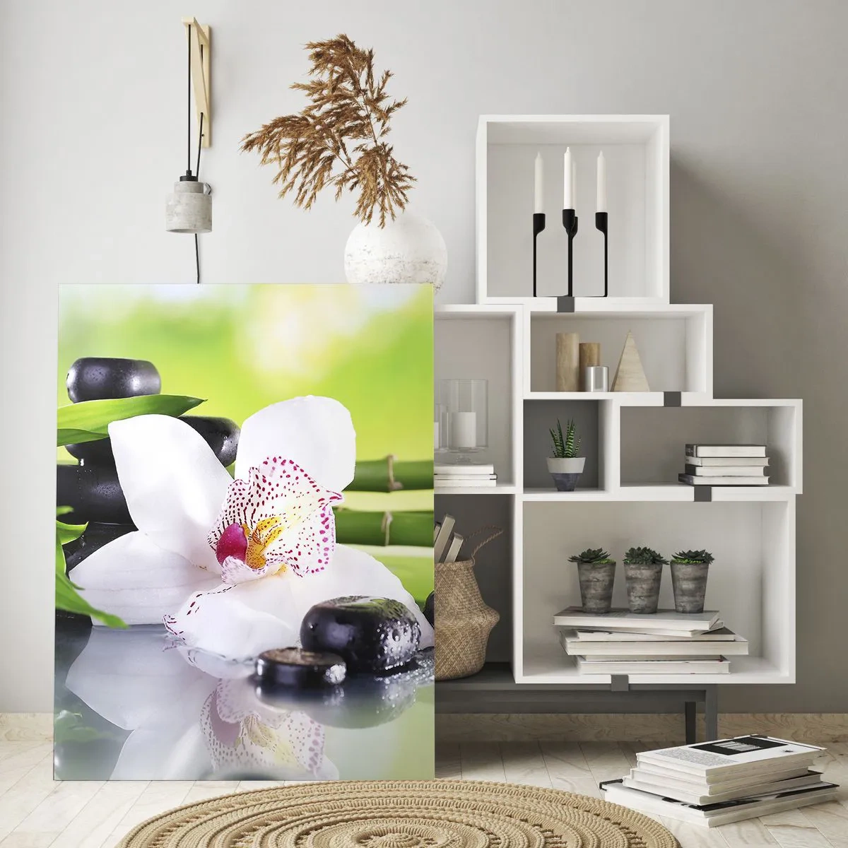 Quadro su vetro - Orchidea, pietre e bambù in un'armoniosa composizione spa - 80x120cm - Freschezza rinfrescante - Decorazione murale moderna per soggiorno e camera da letto ARTTOR