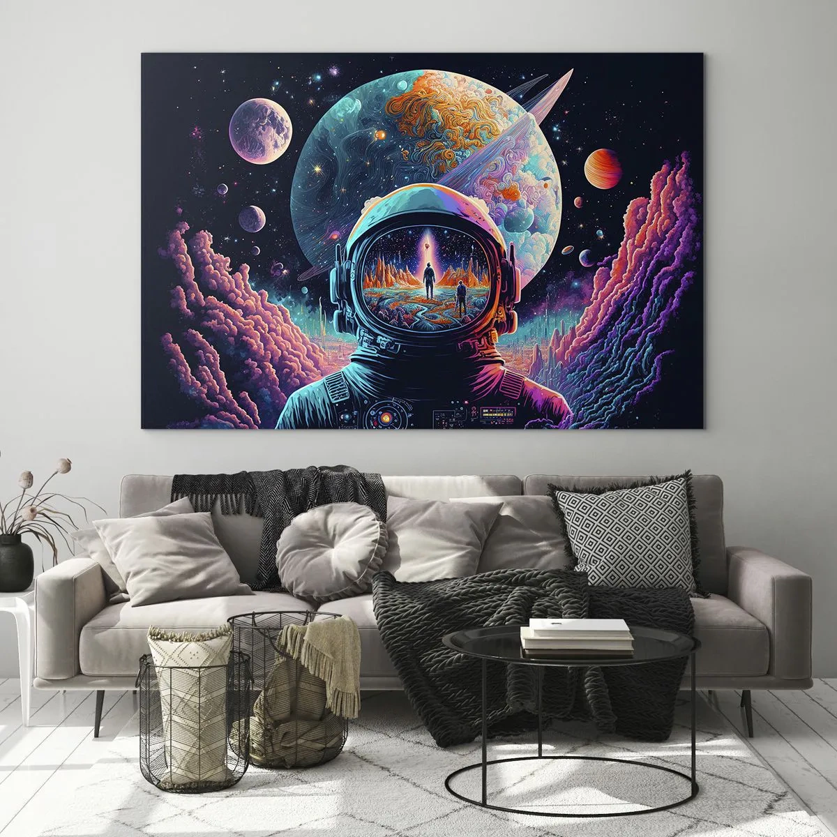 Quadro su vetro - Un paesaggio spaziale con un astronauta e un pianeta surreale. - 70x50cm - I filosofi non l'avevano pensato - Decorazione murale moderna per soggiorno e camera da letto ARTTOR