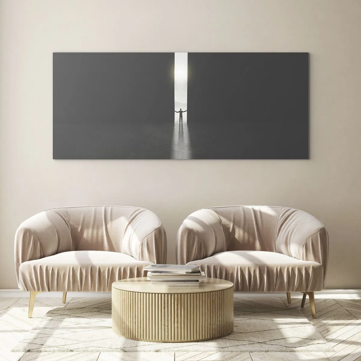 Quadro su vetro - Un uomo in piedi alla luce di una stretta fessura in uno spazio buio - 120x50cm - Un passo verso un chiaro futuro - Decorazione murale moderna per soggiorno e camera da letto ARTTOR