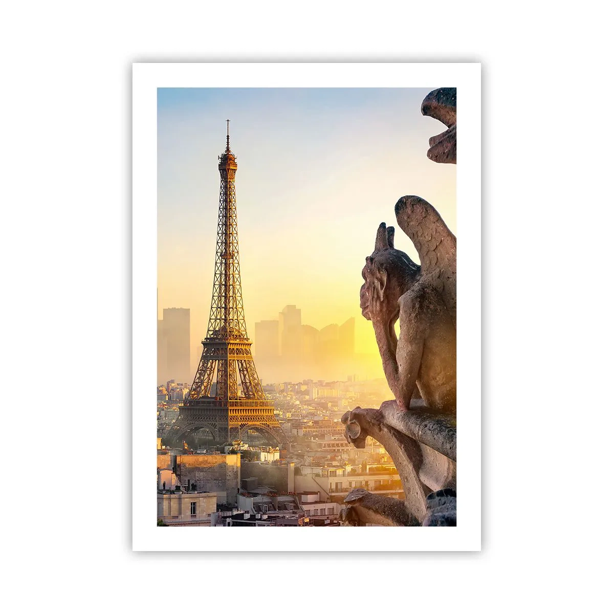 Poster - Una vista della Torre Eiffel all'alba con una prospettiva dei gargoyle di pietra - 50x70cm - Tante cose sono cambiate... - Decorazione murale moderna per soggiorno e camera da letto ARTTOR