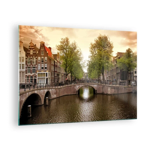 Quadro su vetro - Un canale e un ponte circondati da case popolari ad Amsterdam - 70x50cm - In barca o in bicicletta? - Decorazione murale moderna per soggiorno e camera da letto ARTTOR