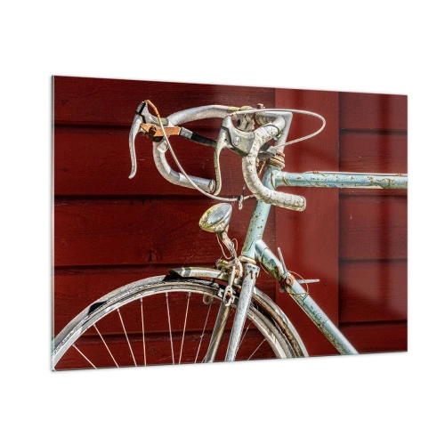 Quadro su vetro - Una vecchia bici da strada degli anni '70 contro un muro di legno rosso - 100x70cm - Creata per la vittoria - Decorazione murale moderna per soggiorno e camera da letto ARTTOR