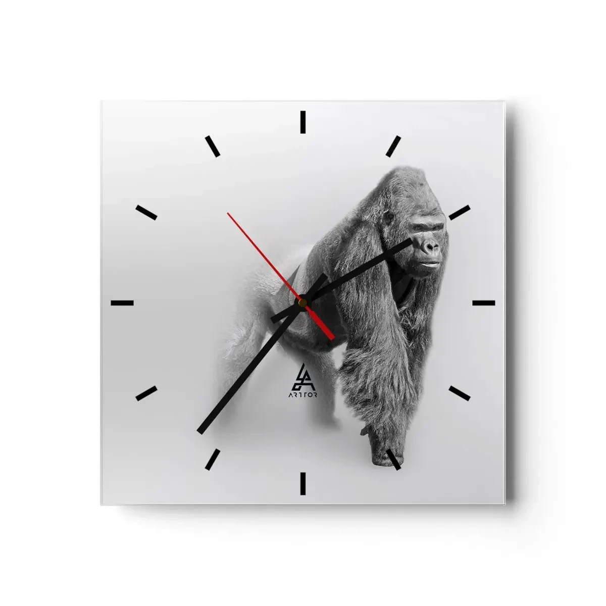 Orologio da parete - Orologio in Vetro - Gorilla in toni monocromatici su sfondo bianco - 30x30cm - Sicuro della propria forza - Decorazione murale moderna per soggiorno e camera da letto ARTTOR