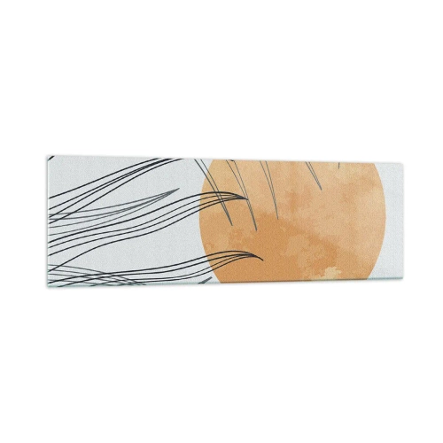 Quadro su vetro - Fili d'erba astratti sullo sfondo di un grande sole arancione - 160x50cm - Sempre verso il sole - Decorazione murale moderna per soggiorno e camera da letto ARTTOR