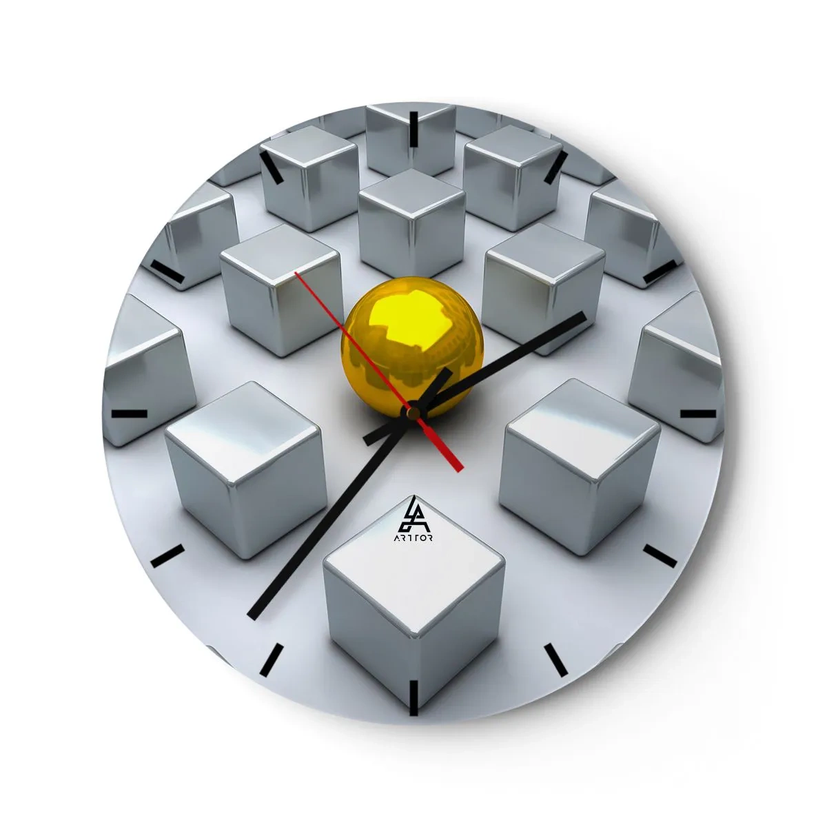 Orologio da parete - Orologio in Vetro - Una palla d'oro tra cubi d'argento - 30x30cm - Perché io? Composizione geometrica - Decorazione murale moderna per soggiorno, cucina e camera da letto ARTTOR