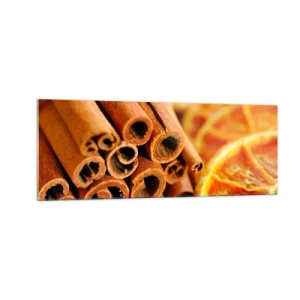 Quadro su vetro - Bastoncini di cannella con fette d'arancia essiccate in colori caldi - 140x50cm - Senti il loro profumo? - Decorazione murale moderna per soggiorno e camera da letto ARTTOR