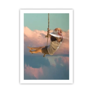 Poster - Una donna su un'altalena tra nuvole pastello - 50x70cm - Divertimento tra le nuvole - Decorazione murale moderna per soggiorno e camera da letto ARTTOR