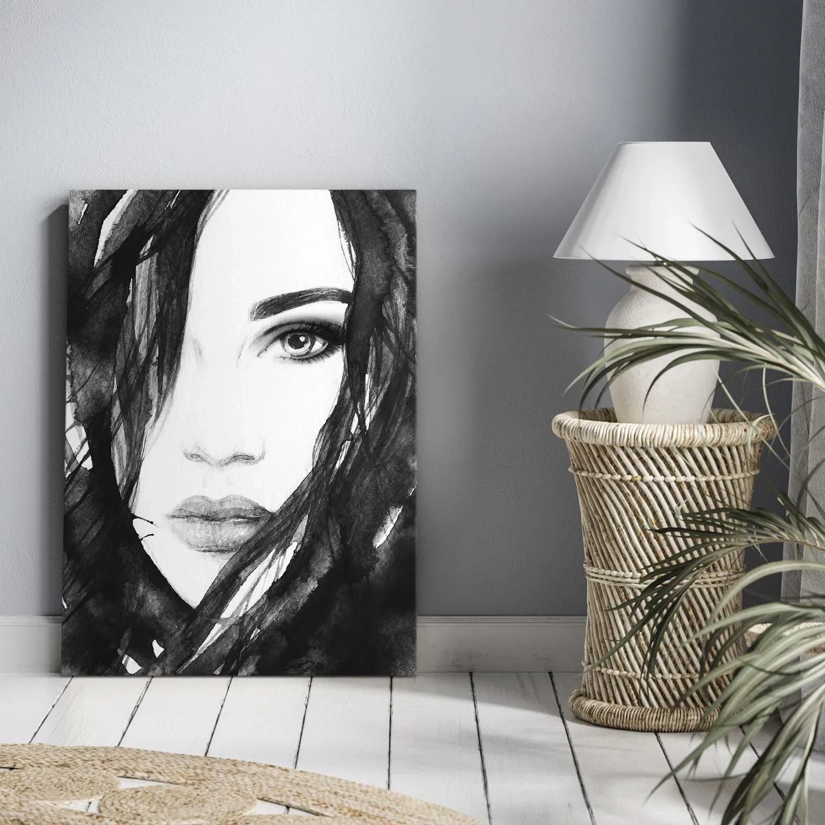Quadro su tela - Stampe su Tela - Ritratto di donna in acquerello bianco e nero - 50x70cm - Ritratto di donna in bianco e nero - Decorazione murale moderna per soggiorno e camera da letto ARTTOR
