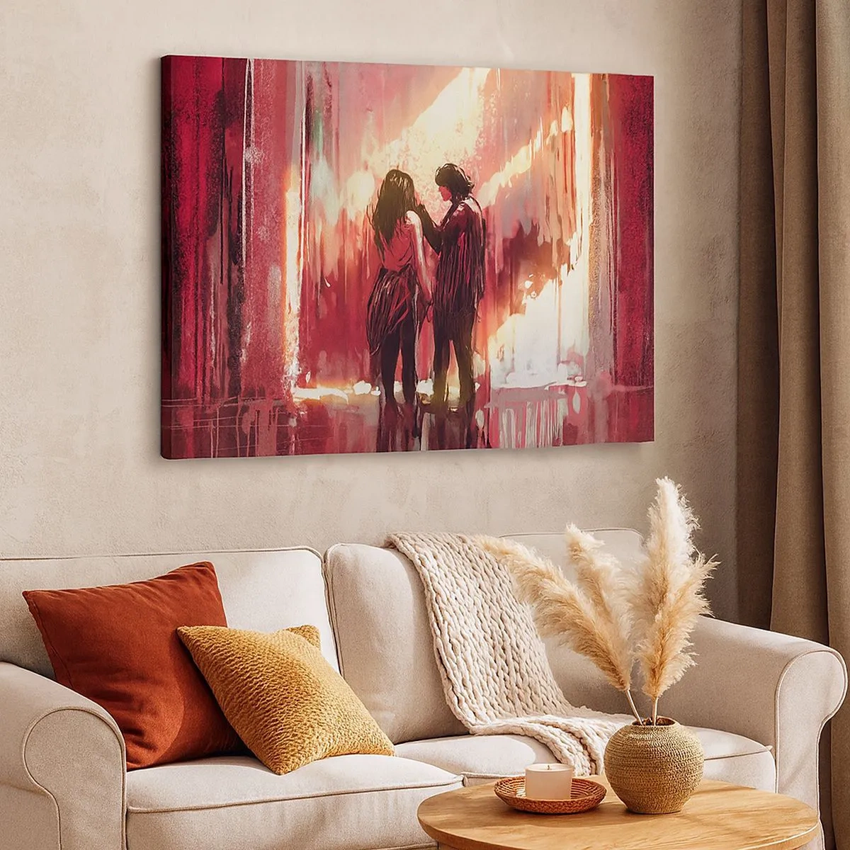 Quadro su tela - Stampe su Tela - Una coppia in piedi, illuminata da una luce calda, su uno sfondo di motivi astratti. - 70x50cm - L'eterno spettacolo dell'amore - Decorazione murale moderna per soggiorno e camera da letto ARTTOR