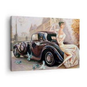 Quadro su tela - Stampe su Tela - Donna retrò accanto a un'auto d'epoca - 70x50cm - Eleganza in stile retro - Decorazione murale moderna per soggiorno e camera da letto ARTTOR
