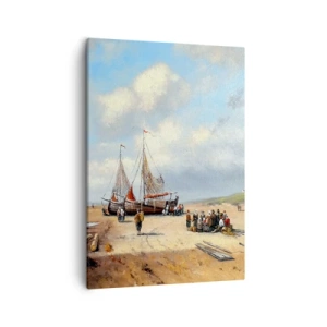 Quadro su tela - Stampe su Tela - Barche da pesca sulla spiaggia con figure umane - 50x70cm - Dopo una buona pesca - Decorazione murale moderna per soggiorno e camera da letto ARTTOR