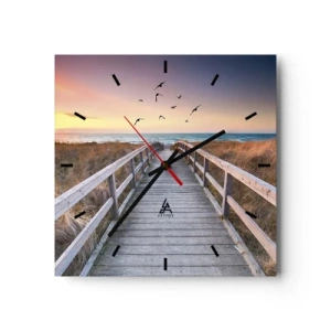 Orologio da parete - Orologio in Vetro - Molo di legno che conduce alla spiaggia al tramonto - 30x30cm - Spazio per volare - Decorazione murale moderna per soggiorno e camera da letto ARTTOR