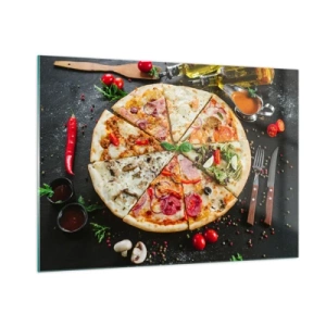 Quadro su vetro - Pizza in vari gusti con condimenti su sfondo scuro - 100x70cm - Ventaglio di gusti - Decorazione murale moderna per soggiorno e camera da letto ARTTOR