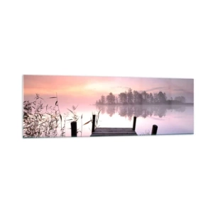 Quadro su vetro - Un molo sul lago all'alba con nebbia e un cielo pastello - 160x50cm - Nebbia color lilla - Decorazione murale moderna per soggiorno e camera da letto ARTTOR