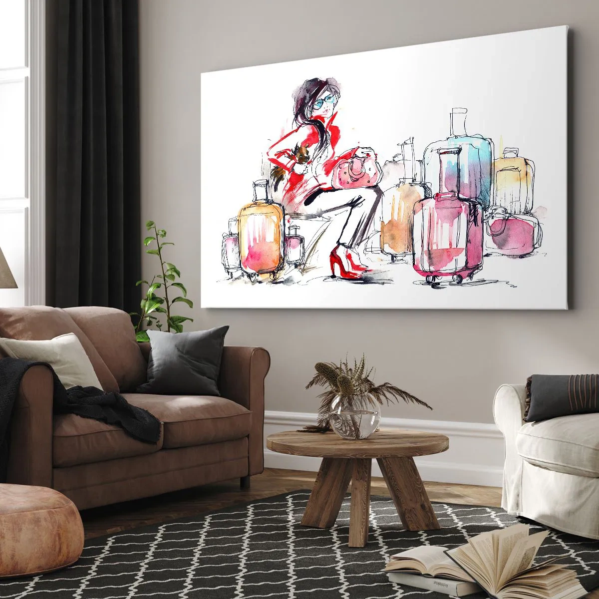 Quadro su tela - Stampe su Tela - Una donna con le valigie in un'illustrazione dinamica ad acquerello - 70x50cm - Sediamoci prima del viaggio - Decorazione murale moderna per soggiorno e camera da letto ARTTOR