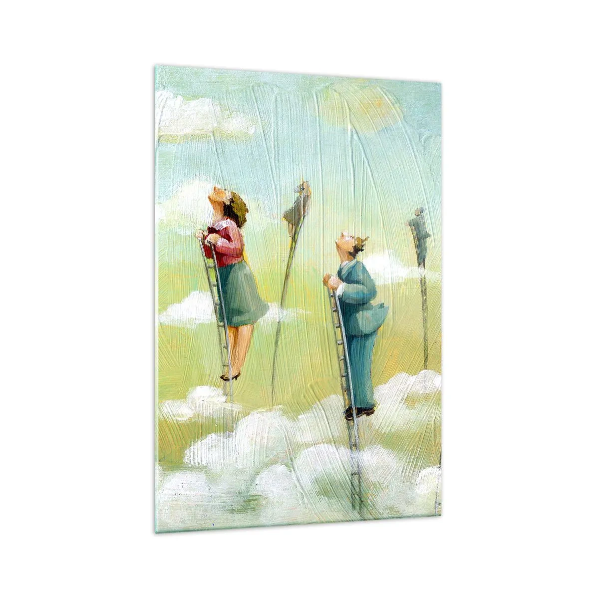 Quadro su vetro - Figure che salgono scale tra le nuvole su uno sfondo pastello. - 70x100cm - Seguendo i propri sogni - Decorazione murale moderna per soggiorno e camera da letto ARTTOR