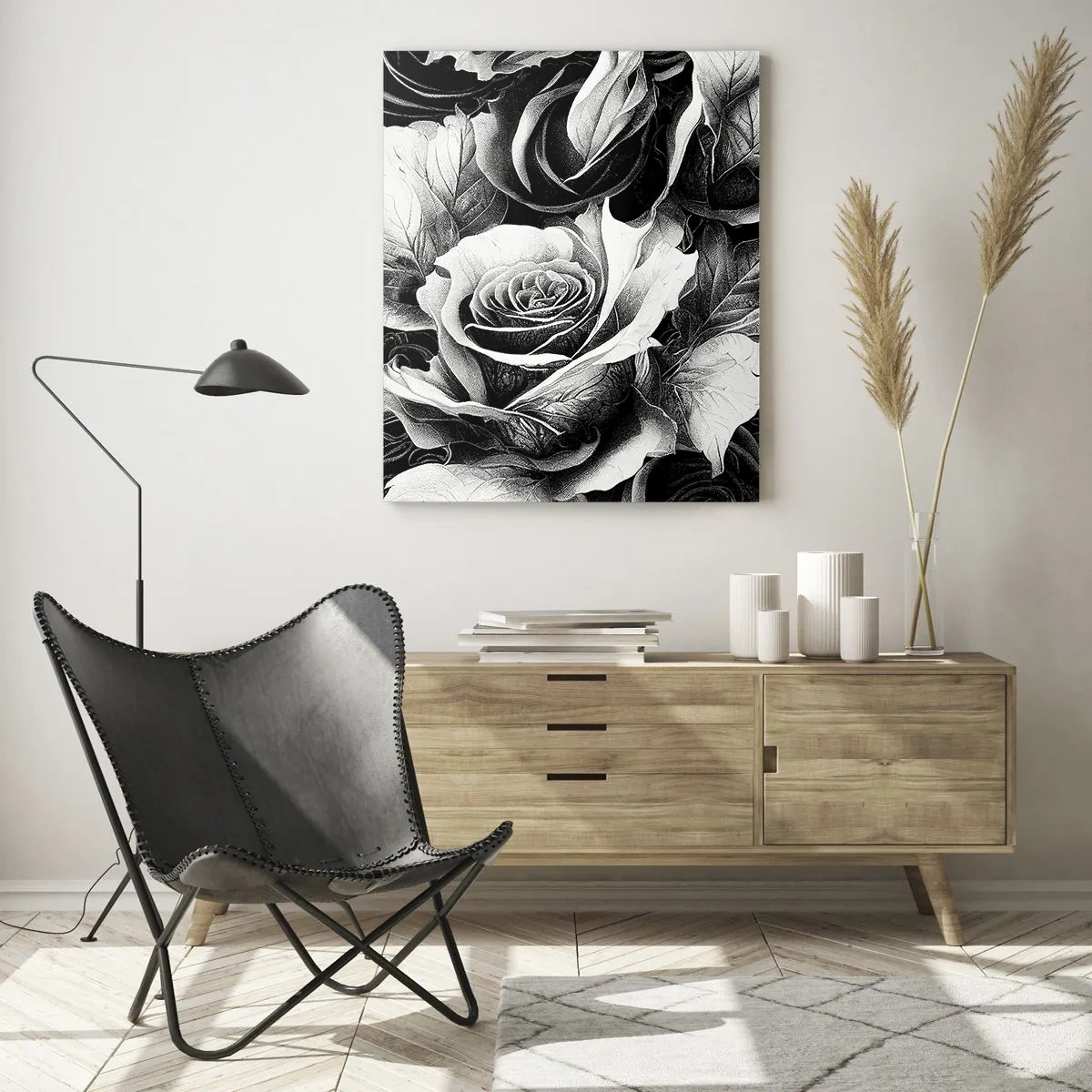Quadro su vetro - Rose bianche e nere in una composizione elegante - 70x100cm - Sempre regina - Decorazione murale moderna per soggiorno e camera da letto ARTTOR
