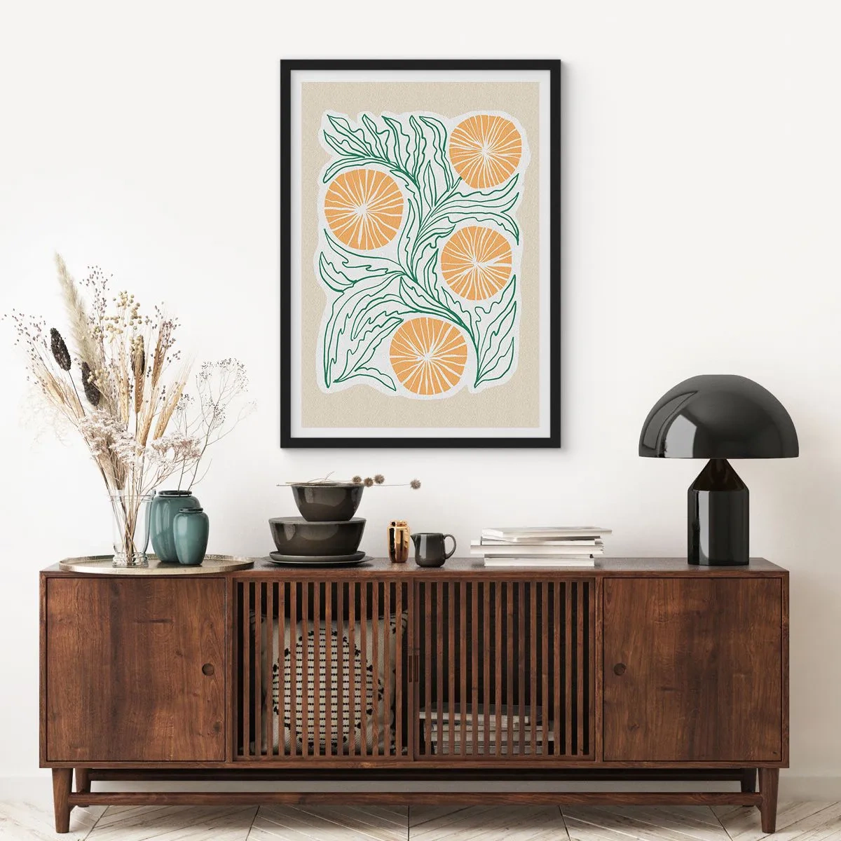 Poster in cornice nera - Composizione astratta di foglie e arance su sfondo beige - 50x70cm - Etnicamente con una nota di astrazione - Decorazione murale moderna per soggiorno e camera da letto ARTTOR