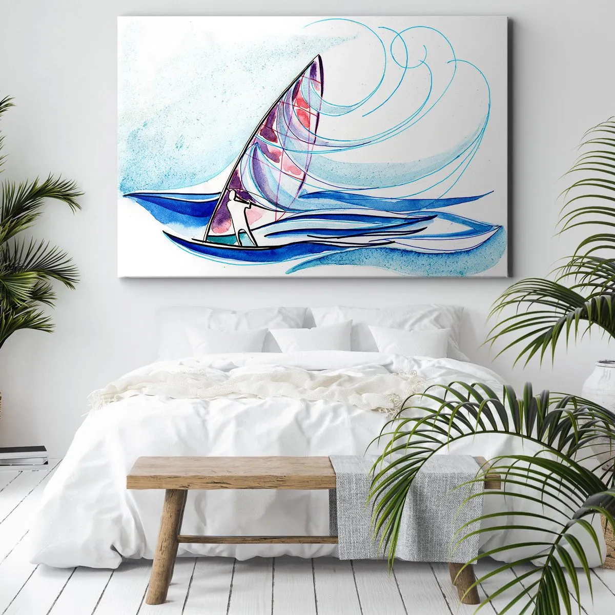 Quadro su tela - Stampe su Tela - Un surfista cavalca le onde in una composizione astratta ad acquerello - 120x80cm - Con il vento al ritmo delle onde - Decorazione murale moderna per soggiorno e camera da letto ARTTOR