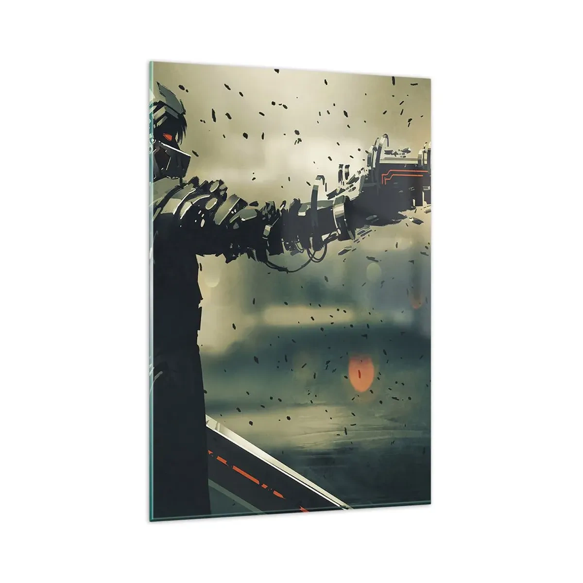 Quadro su vetro - Guerriero cibernetico con armi futuristiche - 80x120cm - L'arma assassina: il tuo Terminator - Decorazione murale moderna per soggiorno e camera da letto ARTTOR