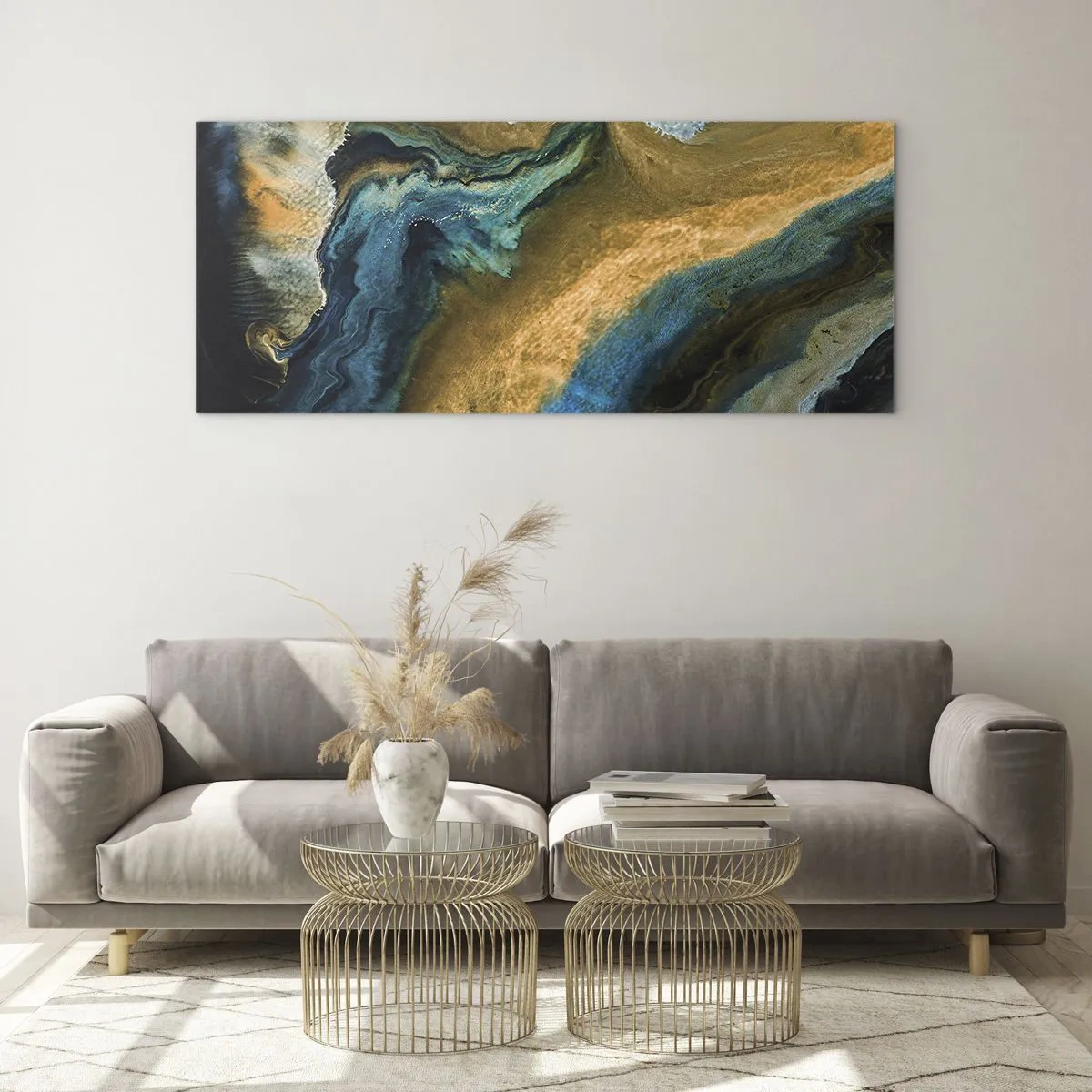 Quadro su vetro - Onde astratte nei toni dell'oro e del blu - 120x50cm - Blu-oro: influenza reciproca - Decorazione murale moderna per soggiorno e camera da letto ARTTOR