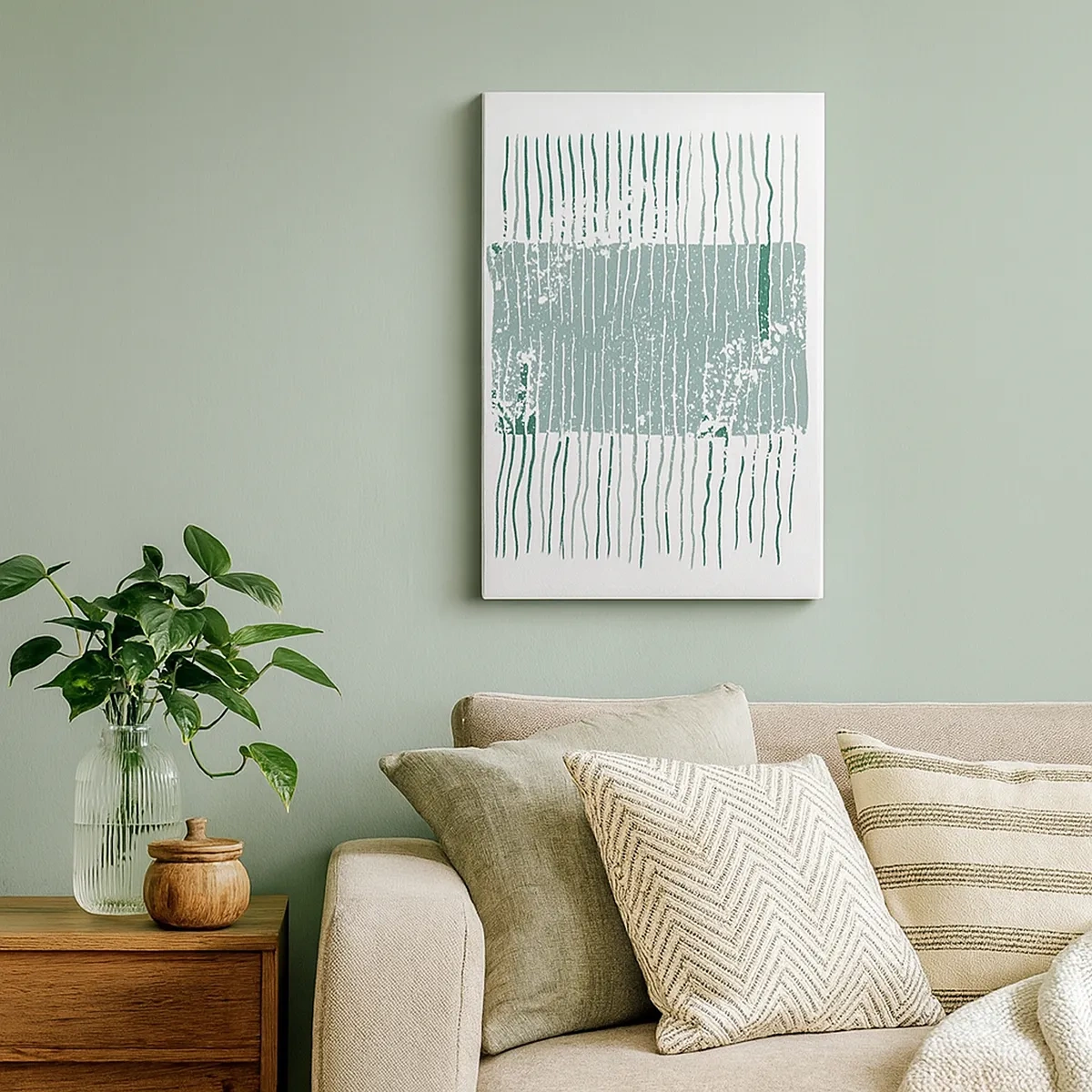 Quadro su tela - Stampe su Tela - Motivo geometrico nei toni del verde mare e del bianco - 50x70cm - Astrazione marina - Decorazione murale moderna per soggiorno e camera da letto ARTTOR