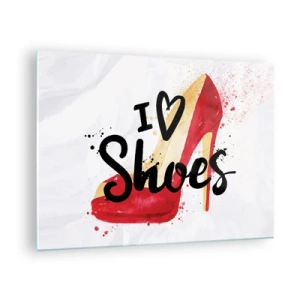 Quadro su vetro - Un tacco alto rosso e la scritta "I love shoes" su uno sfondo chiaro - 70x50cm - Gli amori sono tanti - Decorazione murale moderna per soggiorno e camera da letto ARTTOR