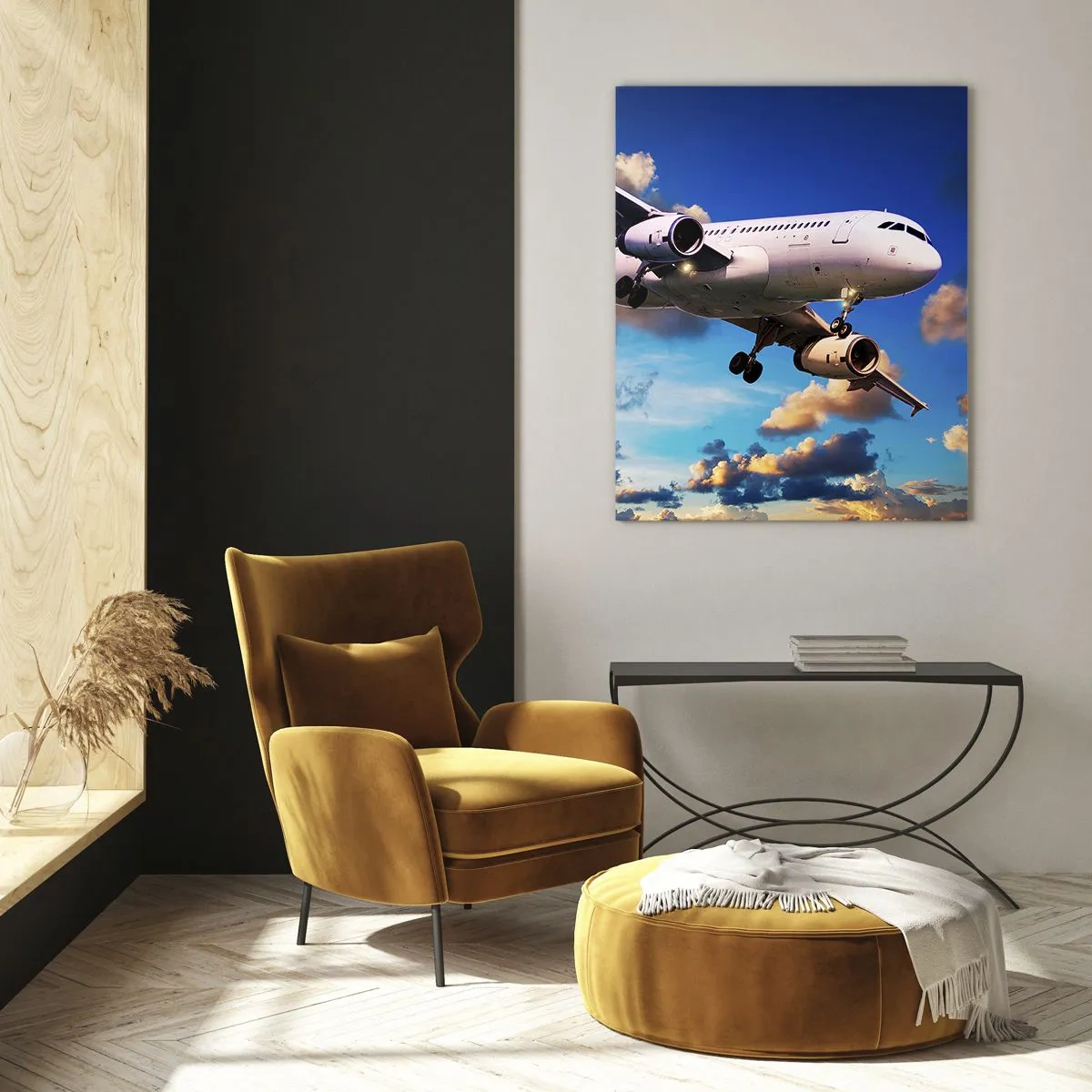 Quadro su vetro - Un aereo in volo contro un cielo pittoresco - 50x70cm - Viaggio nel bianco e nel blu - Decorazione murale moderna per soggiorno e camera da letto ARTTOR
