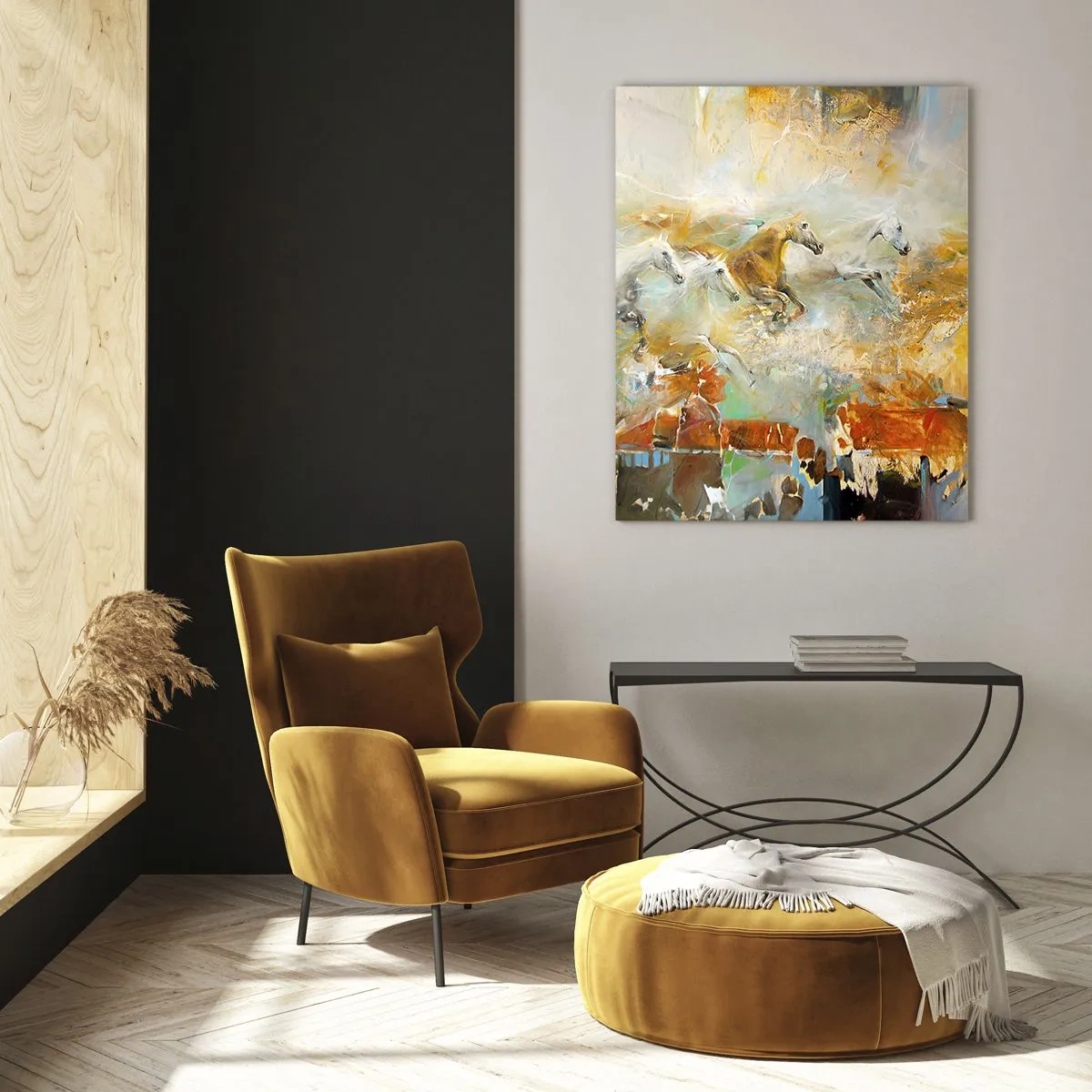 Quadro su vetro - Cavalli astratti in movimento dinamico - 50x70cm - Al galoppo attraverso la luce - Decorazione murale moderna per soggiorno e camera da letto ARTTOR