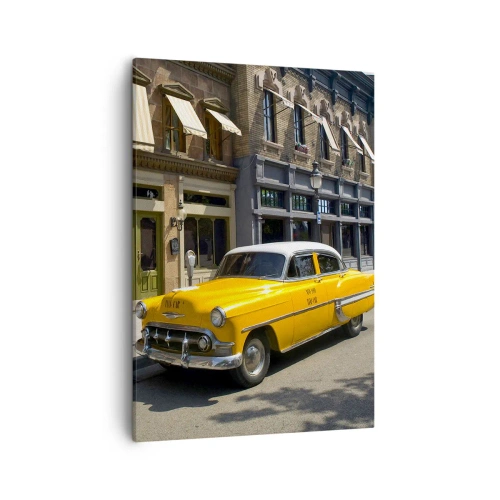 Quadro su tela - Stampe su Tela - Un taxi giallo su una strada fiancheggiata da case popolari - 50x70cm - Tanto tempo fa in America - Decorazione murale moderna per soggiorno e camera da letto ARTTOR