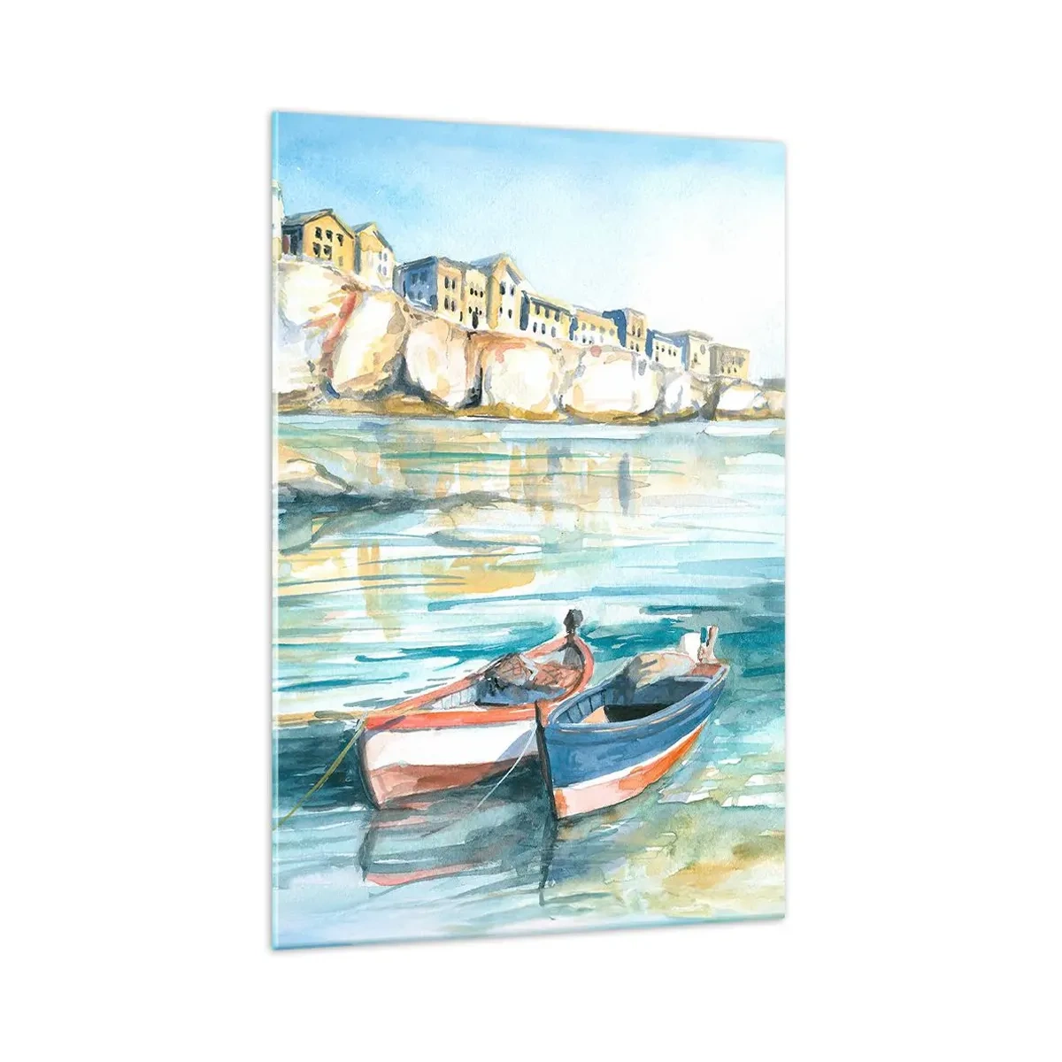 Quadro su vetro - Un pittoresco paesaggio costiero con barche sull'acqua - 70x100cm - Paesaggio in azzurro - Decorazione murale moderna per soggiorno e camera da letto ARTTOR